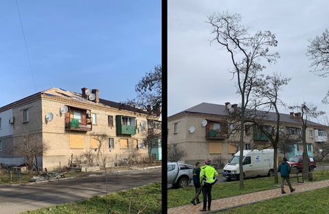 A house in Ochakiv before and after roof reconstruction.