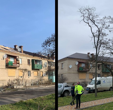 A house in Ochakiv before and after roof reconstruction.