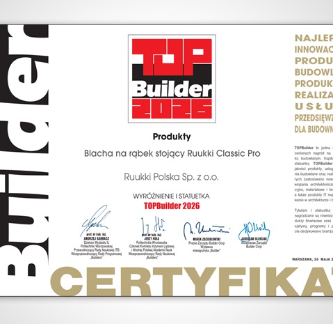 Dyplom TopBuilder 2026 dla Ruukki Classic Pro